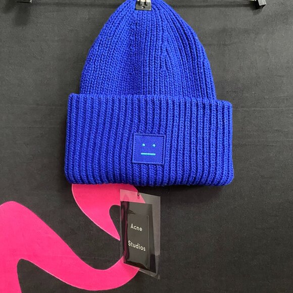 Acne Studios Blue Embroidered Logo Knitted Winter Hat